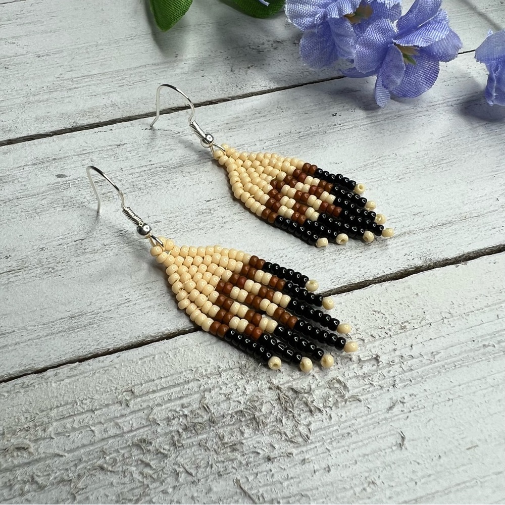 Mini Seed‎ Beaded Earrings 2 inches Long Handmade Jewelry Neutral Color Earrings